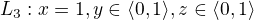 $L_{3}: x=1, y\in \langle0,1\rangle,z\in \langle0,1\rangle $