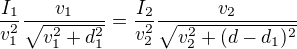 kopírovat do textarea $\frac{I_1}{v_1^2}\frac{v_1}{\sqrt{v_1^2+d_1^2}}=\frac{I_2}{v_2^2}\frac{v_2}{\sqrt{v_2^2+(d-d_1)^2}}$