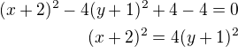 $(x+2)^2-4(y+1)^2+4-4=0\\(x+2)^2=4(y+1)^2$