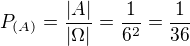 $P_{(A)}=\frac{|A|}{|\Omega |}=\frac{1}{6^{2}}=\frac{1}{36}$