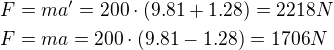 $F=ma'=200\cdot(9.81+1.28)=2218N\nlF=ma=200\cdot(9.81-1.28)=1706N$