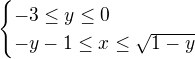 $ \begin{cases} -3\le y\le 0 \\ -y-1\le x\le \sqrt{1-y} \end{cases}$
