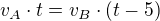 $v_A \cdot{t}=v_B \cdot{(t-5)}$