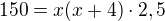 $150=x(x+4)\cdot 2,5$
