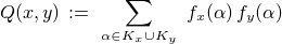 $Q(x, y) \, := \,\,\sum_{\small{\alpha \in K_{\small x} \cup K_{\small y}}}\,\, f_{\small x}(\alpha)\,f_{\small y}(\alpha)$