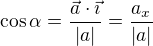 $\cos\alpha=\frac{\vec a\cdot\vec\imath}{|a|}=\frac{a_x}{|a|}$