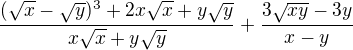 $\frac{(\sqrt{x}-\sqrt{y})^{3}+2x\sqrt{x}+y\sqrt{y}}{x\sqrt{x}+y\sqrt{y}}+\frac{3\sqrt{xy}-3y}{x-y}$
