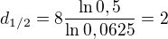 $d_{1/2}=8 \frac {\ln 0,5}{\ln 0,0625} = 2$