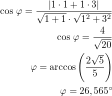 $\cos\,\varphi=\frac{|1\cdot 1+1\cdot 3|}{\sqrt{1+1}\cdot\sqrt{1^2+3^2}}\\\cos\,\varphi=\frac{4}{\sqrt{20}}\\\varphi=\arccos\left(\frac{2\sqrt 5}{5}\right)\\\varphi=26,565^\circ$