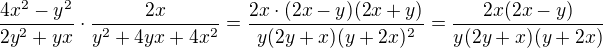 $\frac{4x^2-y^2}{2y^2+yx}\cdot \frac{2x}{y^2+4yx+4x^2}=\frac{2x\cdot (2x-y)(2x+y)}{y(2y+x)(y+2x)^2}=\frac{2x(2x-y)}{y(2y+x)(y+2x)}$