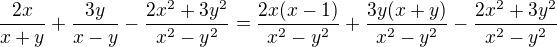 $\frac{2x}{x+y}+\frac{3y}{x-y}-\frac{2x^{2}+3y^{2}}{x^{2}-y^{2}}=\frac{2x(x-1)}{x^2-y^2}+\frac{3y(x+y)}{x^2-y^2}-\frac{2x^{2}+3y^{2}}{x^{2}-y^{2}}$