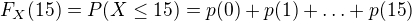 $F_{X}(15)=P(X\le 15)=p(0)+p(1)+\ldots +p(15)$