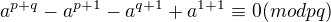 $a^{p+q}-a^{p+1}-a^{q+1}+a^{1+1}\equiv 0 (mod pq)$
