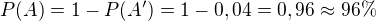 $P(A)=1-P(A')=1-0,04=0,96\approx 96\% $