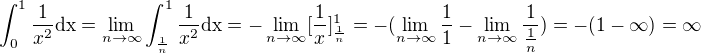 $\int_{0}^{1}\frac{1}{x^2}\text{dx}=\lim_{n\to\infty }\int_{\frac{1}{n}}^{1}\frac{1}{x^2}\text{dx}=-\lim_{n\to\infty }[\frac{1}{x}]^{1}_{\frac{1}{n}}=-(\lim_{n\to\infty }\frac{1}{1}-\lim_{n\to\infty }\frac{1}{\frac{1}{n}})=-(1-\infty )=\infty $