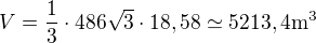 kopírovat do textarea $V=\frac{1}{3}\cdot 486\sqrt3 \cdot 18,58 \simeq 5213,4 \rm{m^3}$