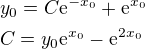 $y_0=C\mathrm{e}^{-x_0}+\mathrm{e}^{x_0}\nl C=y_0\mathrm{e}^{x_0}-\mathrm{e}^{2x_0}$