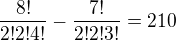 $\frac{8!}{2!2!4!}-\frac{7!}{2!2!3!}=210$