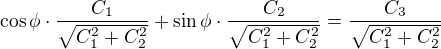 kopírovat do textarea $\cos \phi \cdot \frac{C_1}{\sqrt{C_1^2 + C_2^2}}+\sin \phi \cdot \frac{C_2}{\sqrt{C_1^2 + C_2^2}}=\frac{C_3}{\sqrt{C_1^2 + C_2^2}}$