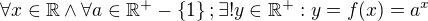 $\forall x\in \mathbb{R} \wedge \forall a\in \mathbb{R}^{+}-\{1\};\exists !y\in \mathbb{R}^{+}:y= f(x)=a^{x}$