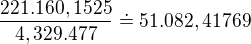 $\frac{221.160,1525}{4,329.477}\doteq 51.082,41769$