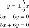 $y=\pm\frac{5}{6}x\\5x-6y=0\\5x+6y=0$