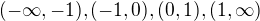 $(-\infty,-1),(-1,0),(0,1),(1,\infty)$