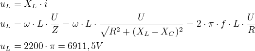 $u_L=X_L\cdot i\nl u_L=\omega \cdot L \cdot \frac{U}{Z} = \omega \cdot L \cdot \frac{U}{\sqrt{R^2+(X_L-X_C)^2}}=2\cdot\pi\cdot f \cdot L \cdot \frac{U}{R} \nl u_L=2200\cdot \pi=6911,5V$