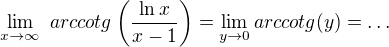 $\lim_{x\to\infty }\ arccotg\left(\frac{\ln x}{x - 1}\right) = \lim_{y \to 0 } arccotg(y) =\ldots $