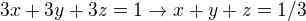 $3x+3y+3z=1 \rightarrow x+y+z=1/3$