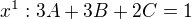 $x^{1} : 3A+3B+2C=1$