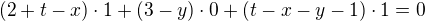 kopírovat do textarea $(2+t-x) \cdot 1 + (3 -y)\cdot 0 + (t-x-y-1) \cdot 1 = 0$