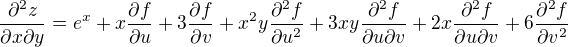 $\frac{\partial ^2 z}{\partial x \partial y}=e^x+x\frac{\partial f}{\partial u }+3\frac{\partial f }{\partial v} + x^2y\frac{\partial ^ 2 f}{\partial u ^2} +3xy\frac{\partial ^ 2 f}{\partial u \partial v} + 2x\frac{\partial ^2f}{\partial u \partial v} + 6\frac{\partial ^ 2 f}{\partial v^2}$