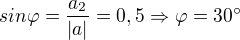 $sin\varphi=\frac{a_2}{|a|}=0,5\Rightarrow\varphi=30^{\circ}$