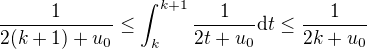 $ \frac 1 {2(k+1)+u_0} \leq {\int_k^{k+1}{\frac1{2t+u_0}}\mathrm{d}t} \leq \frac 1 {2k+u_0}$