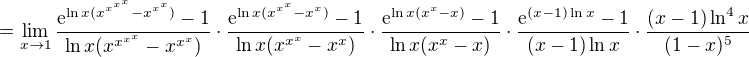 $=\lim_{x\to 1}\frac{\mathrm{e}^{\ln{x}(x^{x^{x^x}}-x^{x^x})}-1}{\ln{x}(x^{x^{x^x}}-x^{x^x})}\cdot \frac{\mathrm{e}^{\ln{x}(x^{x^x}-x^x)}-1}{\ln{x}(x^{x^x}-x^x)}\cdot \frac{\mathrm{e}^{\ln{x}(x^x-x)}-1}{\ln{x}(x^x-x)}\cdot\frac{\mathrm{e}^{(x-1)\ln{x}}-1}{(x-1)\ln{x}}\cdot \frac{(x-1)\ln^4{x}}{(1-x)^5}$