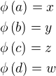 $\phi\(a\)=x\nl\phi\(b\)=y\nl\phi\(c\)=z\nl\phi\(d\)=w$