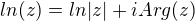 $ln(z)=ln|z|+i Arg(z)$