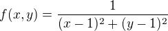 $f(x,y)=\frac 1{(x-1)^2+(y-1)^2}$
