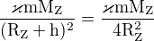 $\frac{\mathrm{\varkappa mM_{Z}} }{\mathrm{(R_{Z}+h)^{2}} }=\frac{\mathrm{\varkappa mM_{Z}} }{\mathrm{4R_{Z}^{2}} }$