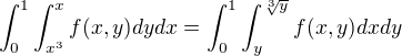 $\int_{0}^{1}\int_{x^{3}}^{x} f(x,y) dydx = \int_{0}^{1}\int_{y}^{\sqrt[3]{y}} f(x,y) dxdy$