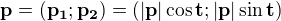 $\bf p = (p_1;p_2) =\(|\bf p|\cos t ; |\bf p| \sin t \) $