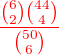$\color{red} \frac{{6\choose 2}{44\choose 4}}{{50\choose 6}}$