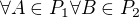 $\forall A \in P_1 \forall B \in P_2$