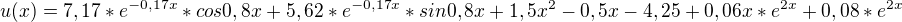 $u(x)=7,17* e^{-0,17x} * cos 0,8x + 5,62 * e^{-0,17x} * sin0,8x + 1,5x^2 - 0,5x - 4,25 + 0,06x * e^{2x} + 0,08 * e^{2x}$