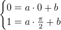 $\begin{cases}0=a\cdot0+b\\1=a\cdot\frac\pi2+b\end{cases}$