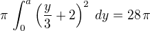 $\pi\,\int_{0}^{a}{\left({{y}\over{3}}+2\right)^2\;dy}=28\,\pi$