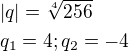 $|q|=\sqrt[4]{256}\nl q_{1}=4; q_{2}=-4$