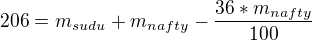 kopírovat do textarea $206 = m_{sudu} + m_{nafty} - \frac{36 * m_{nafty}}{100}$