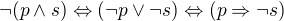 $\neg(p\wedge s)\Leftrightarrow (\neg p\vee \neg s)\Leftrightarrow (p\Rightarrow \neg s)$
